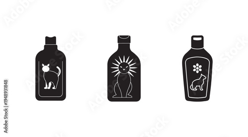 Black bottles with animal and sun illustrations  pet or sun protection product concept  isolated on white background