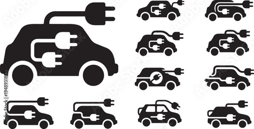 Electric cars and plug icons in black and white