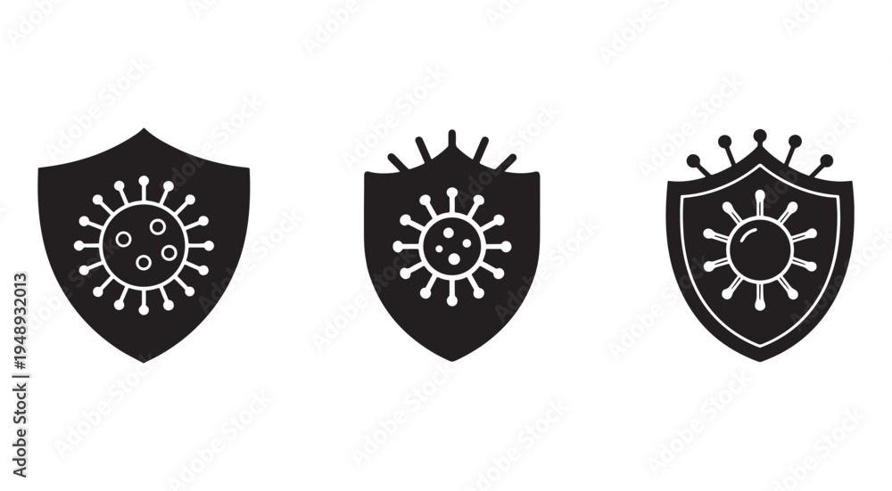 Obraz premium Black shield icons with white virus symbols for protection and safety concept