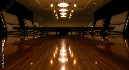 A long conference table with chairs around it in a dark room with a shiny wooden floor and a modern light fixture on the ceiling
