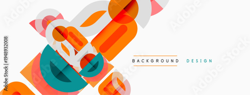 Abstract geometric shapes overlap, creating dynamic visual effect. Orange, teal, pink hues dominate composition. Modern design element.