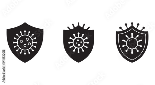 Black shield icons with white virus symbols for protection and safety concept