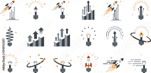 Business Growth and Startup Innovation Icon Set with Rocket Launch, Light Bulb Ideas, Upward Charts, and Success Strategy Concepts