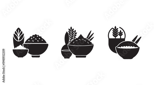 Black silhouettes of bowls with rice and different foods and plants on white background for design and illustration  simple icons
