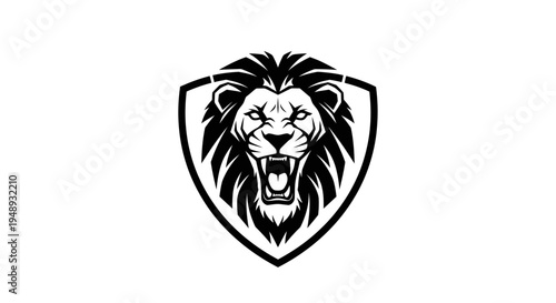 Black and white illustration of a roaring lion's head on a shield.