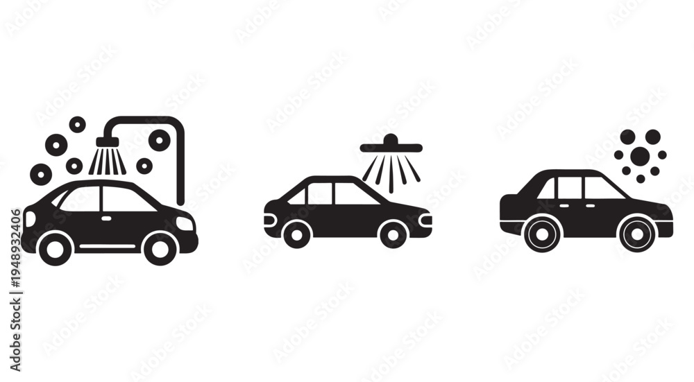 Naklejka premium Black silhouettes of cars being washed with shower head and soap suds icons car wash symbols for web and mobile design