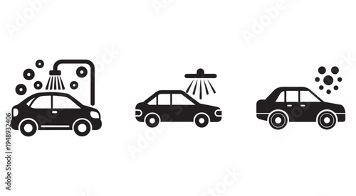 Black silhouettes of cars being washed with shower head and soap suds icons  car wash symbols for web and mobile design