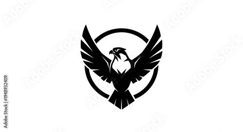 Black silhouette of a bird with outstretched wings in a circular frame on white