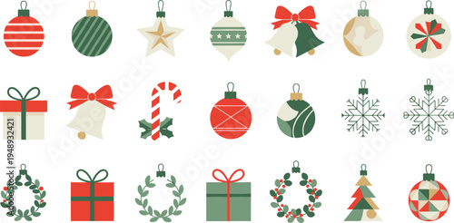 Christmas Ornament and Holiday Decoration Collection with Gift Boxes, Wreaths, Snowflakes, Candy Cane, Bell, and Festive Tree Elements