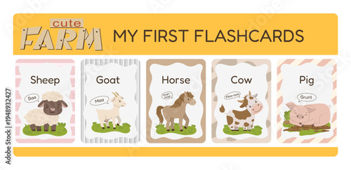 Farm Animals Vocabulary Flashcards for Kids with Horse, Goat and Sheep
