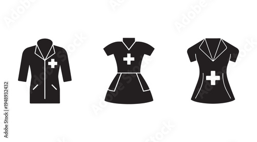 Black silhouettes of medical uniforms with white outlines and crosses on the chest  doctors and nurses clothing