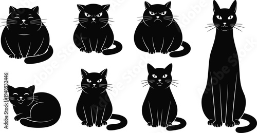 Set of black cat silhouettes with various expressions and body types including fat, skinny, happy, and angry, isolated on white.