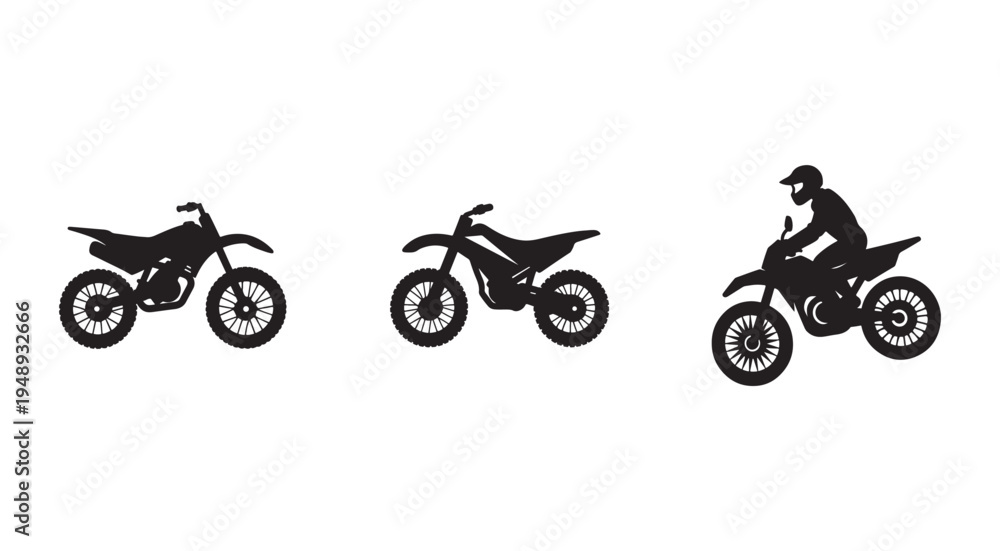 Obraz premium Black silhouettes of motorcycles and motorcyclist on white background motorbike and rider illustrations for various uses