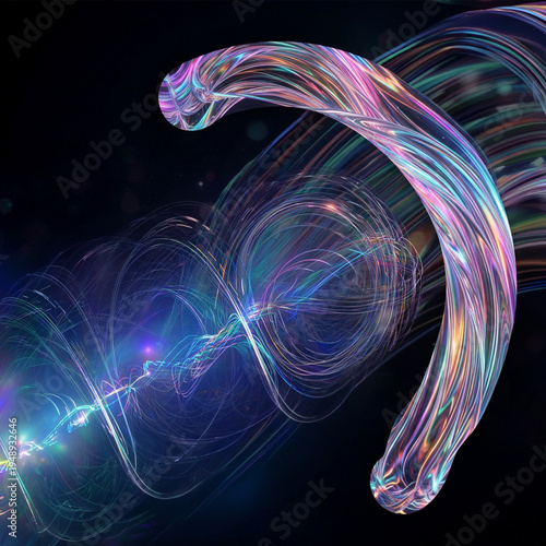 Abstract Neon Energy Arc with Multicolor Light Trails on Dark Background | Futuristic Glowing Wave and Particle Rings, Dynamic Digital Art for Technology and Creative Design Projects