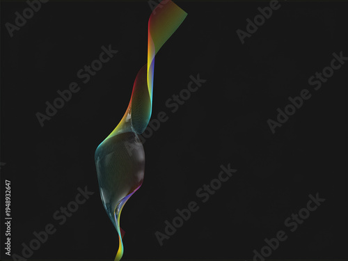 ethereal and delicate vertical ribbon of translucent, multi-colored light that twists gracefully like silk through a vast, dark void, creating a minimalist yet captivating digital art piece.