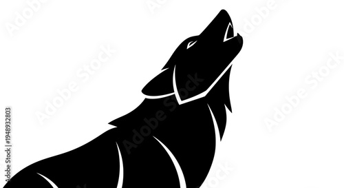 Black silhouette of a wolf howling upwards against a white background.