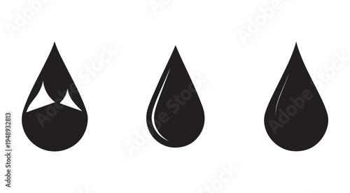 Black teardrop shapes with different reflections and light effects on white background  various droplet icons