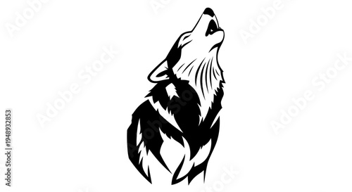 Black and white illustration of a wolf howling upwards on a plain background
