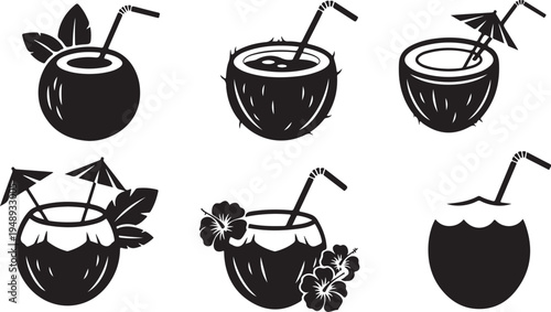 Black and white coconut drinks with umbrellas and straws