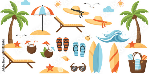 Summer Beach Vacation Element Set with Palm Trees, Surfboards, Sun Hats, Lounge Chairs, Sand Accessories, and Tropical Seaside Travel Objects