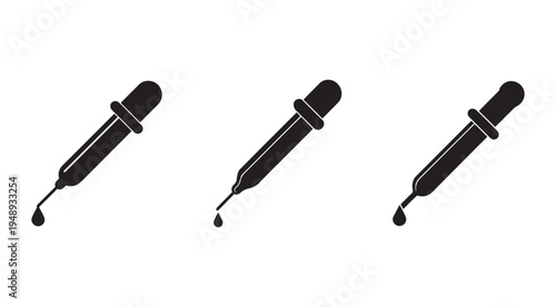 Blackandwhite illustration of three droppers with drops of liquid on a white background  dropper icons  simple design elements