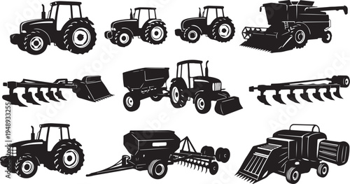 Tractors and agricultural machinery in black silhouette style illustration