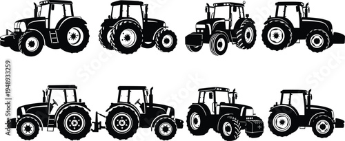 Set of farm tractor silhouettes, heavy agricultural machinery icons, industrial vehicle vectors for farming, harvest equipment collection, isolated on white background.