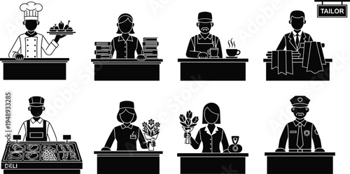 Set of diverse professions and service worker silhouettes, including chef, tailor, florist, librarian, and police officer, isolated on white background, vector.