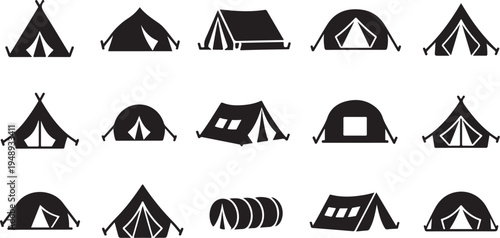 Various black tent icons on a white background illustration