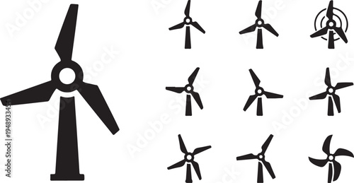 Wind turbines in various styles and designs illustration set