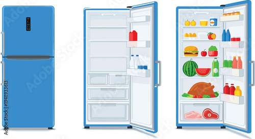 Modern Blue Refrigerator Set with Closed, Empty Open, and Fully Stocked Fridge Views for Kitchen Appliance and Household Design