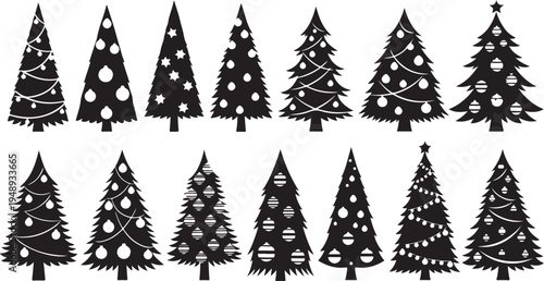 Black and white Christmas tree silhouettes with ornaments isolated