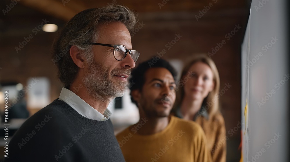 Fototapeta premium Three accelerator program participants reviewing prototype sketches on whiteboard in converted warehouse space with exposed brick walls, perfect for startup mentorship, collaborative learning, and