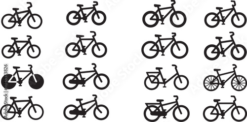 Collection of various bicycle silhouettes on white background