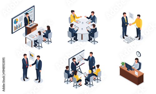 Wallpaper Mural Isometric Business Meetings and Office Interactions Set. Torontodigital.ca