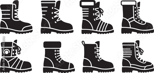 Collection of various black boots with different designs shown