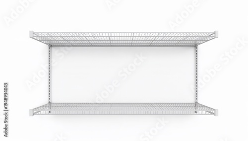 Empty white metal wallmounted medical supply shelf with adjustable dividers for hospital or clinic storage organization