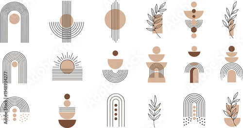 Boho Abstract Geometric Rainbow and Leaf Symbol Set with Minimal Neutral Shapes for Modern Decorative Vector Design