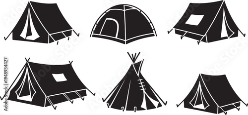 Collection of various camping tents in black and white