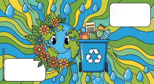 Earth with flowers smiles beside a recycling bin filled with trash on a colorful environmental background with raindrops