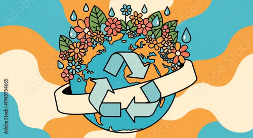 Earth with recycling symbol surrounded by colorful flowers and leaves on a vibrant abstract background with raindrops representing eco friendly and sustainable living concepts