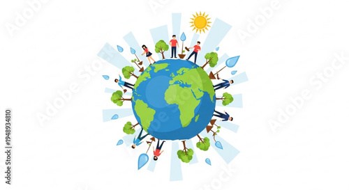 People from diverse cultures standing on earth with leaves and sun symbolizing global unity and environmental conservation