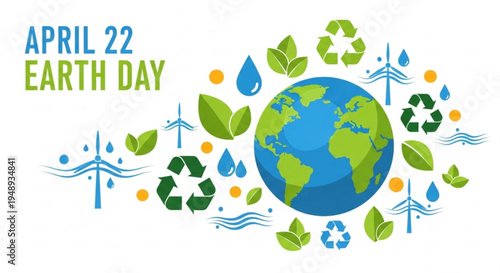 Earth day april 22nd illustration with globe recycling symbols leaves water droplets and wind turbines on white background