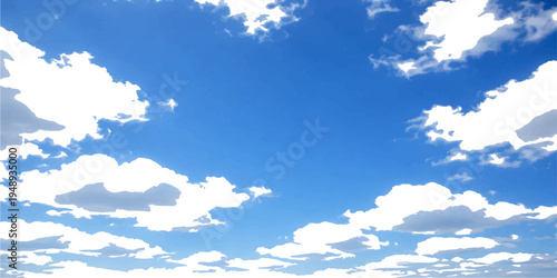 A beautiful summer day features fluffy white cumulus clouds drifting across a bright blue sky background, creating a sunny nature cloudscape within the light atmosphere of the heavens