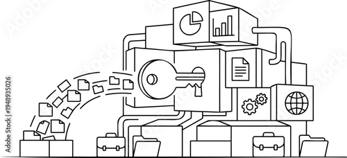Line art vector of unlocking business data, secure database and information extraction