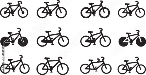 Bicycle Silhouettes in Various Positional Arrangements on White Background