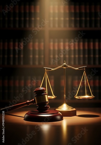 Golden Scales of Justice with Gavel in a Legal Library