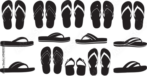 Collection of various black flip flops and sandals