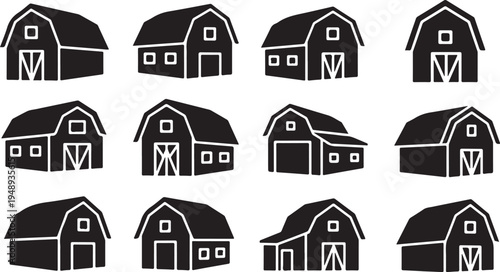 Collection of black barn silhouettes in various styles shown