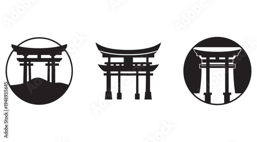 Japanese torii gate icons in various styles and backgrounds  traditional Japanese architecture symbols for design and decoration purposes